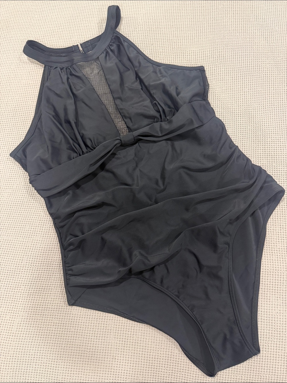 Black One-Piece Swimsuit with Mesh Detail and Waist Tie